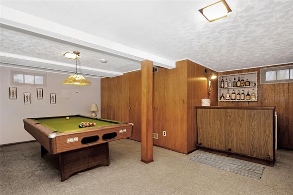 Billiard Table, Game Room, Interior, Pendant Lights, Wooden Walls