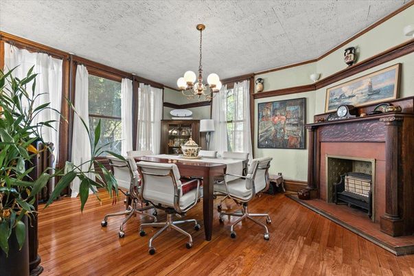 Chandelier, Fireplace, Home Office, Interior, Wood Texture Flooring