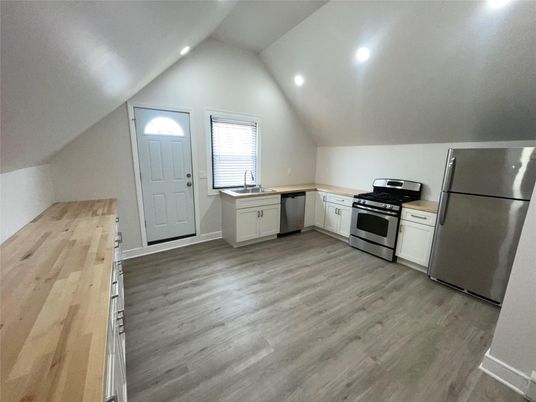 Interior, Kitchen, Recessed Lighting, Stainless Steel Appliances, Wood Texture Flooring