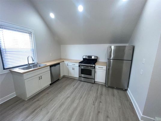 Interior, Kitchen, Recessed Lighting, Stainless Steel Appliances, Wood Texture Flooring