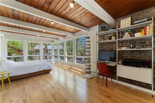 Bedroom, Interior, Stone Walls, Wooden Ceilings, Wood Texture Flooring