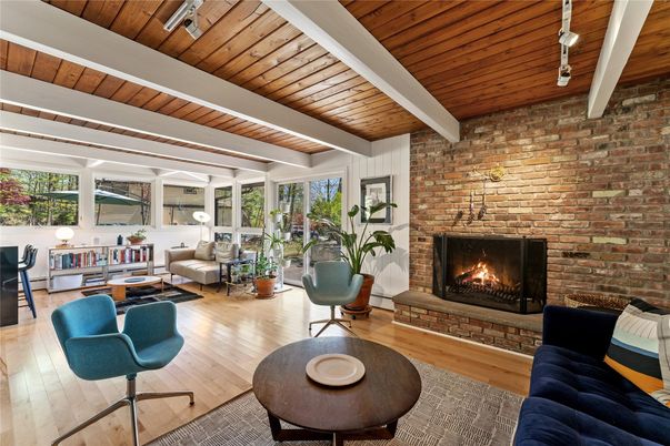 Fireplace, Interior, Living room, Stone Walls, Wooden Ceilings, Wood Texture Flooring