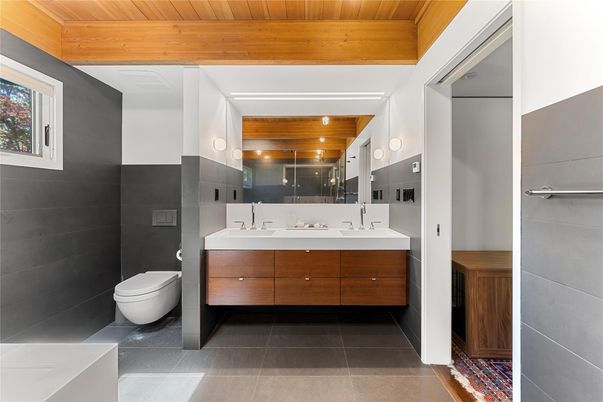 Bathroom, Dual Sink Vanities, Interior, Wooden Ceilings