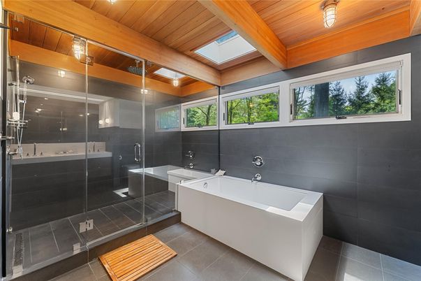 Bathroom, Dual Sink Vanities, Free Standing Baths, Glass Shower, Interior, Wooden Beams, Wooden Ceilings