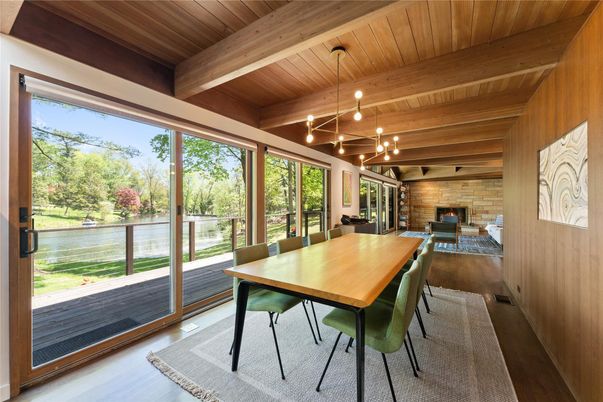 Dining room, Fireplace, Interior, Pendant Lights, Wooden Beams, Wooden Ceilings, Wood Texture Flooring, Wooden Walls