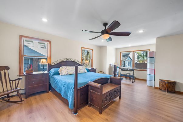 Bedroom, Interior, Recessed Lighting, Wood Texture Flooring
