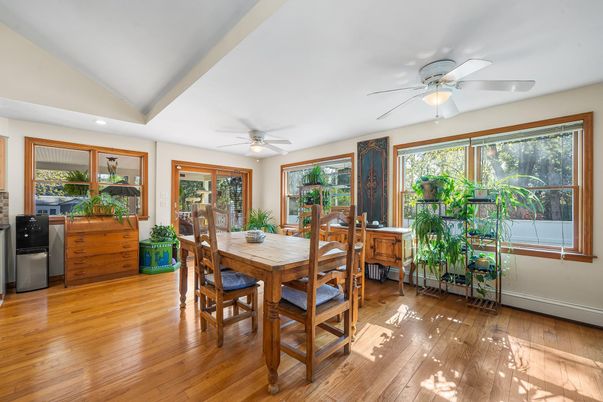 Dining room, Interior, Recessed Lighting, Wood Texture Flooring