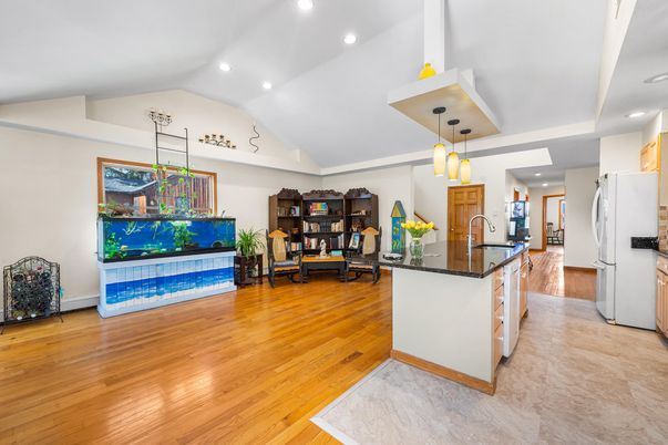 Interior, Kitchen, Pendant Lights, Recessed Lighting, Wood Texture Flooring