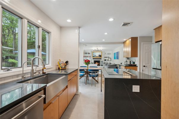 Dining room, Fireplace, Interior, Kitchen, Living room, Recessed Lighting, Stainless Steel Appliances