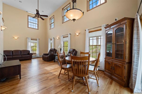 Dining room, Interior, Living room, Pendant Lights, Wood Texture Flooring