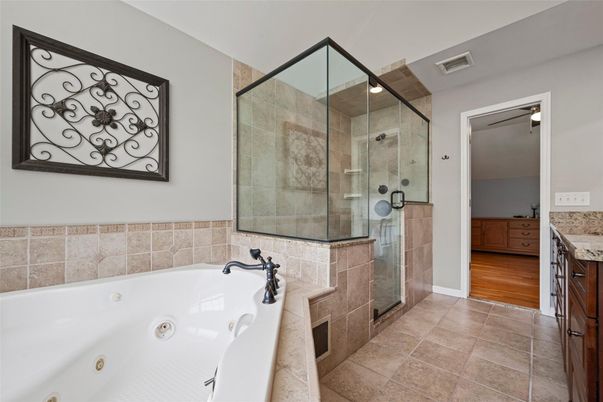 Bathroom, Glass Shower, Interior, Wood Texture Flooring