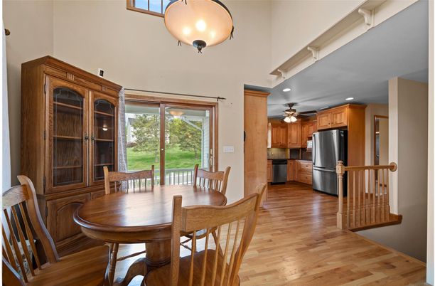 Dining room, Interior, Kitchen, Recessed Lighting, Stainless Steel Appliances, Wood Texture Flooring