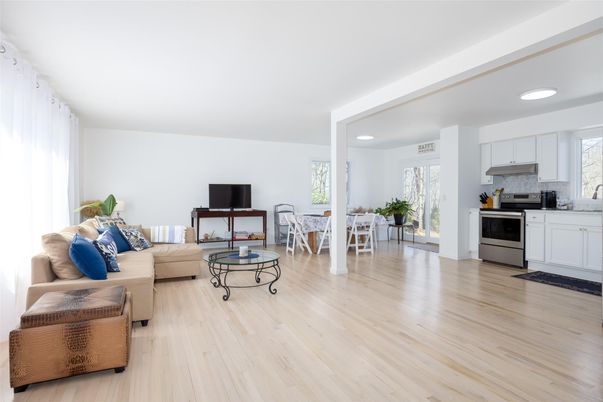 Dining room, Interior, Kitchen, Living room, Recessed Lighting, Stainless Steel Appliances, Wood Texture Flooring