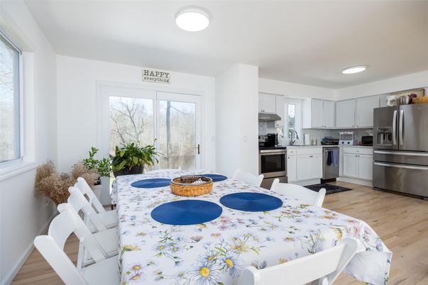 Dining room, Interior, Kitchen, Recessed Lighting, Stainless Steel Appliances, Wood Texture Flooring