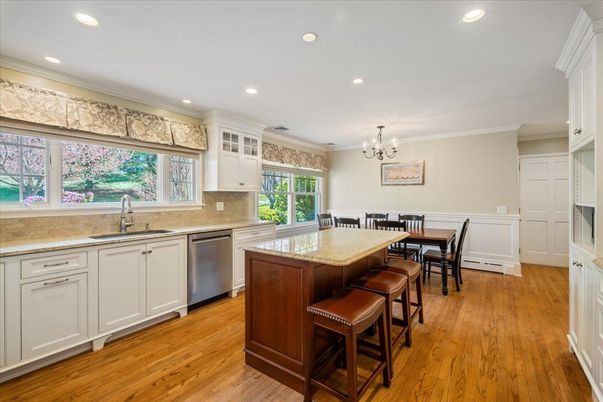 Chandelier, Dining room, Interior, Kitchen, Recessed Lighting, Stainless Steel Appliances, Wood Texture Flooring