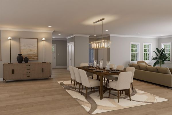 Dining room, Interior, Living room, Pendant Lights, Recessed Lighting, Wood Texture Flooring