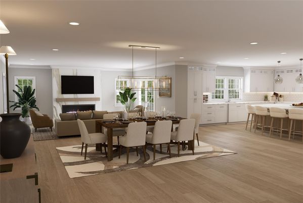 Dining room, Fireplace, Interior, Kitchen, Living room, Pendant Lights, Recessed Lighting, Wood Texture Flooring