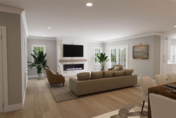 Fireplace, Interior, Living room, Recessed Lighting, Wood Texture Flooring