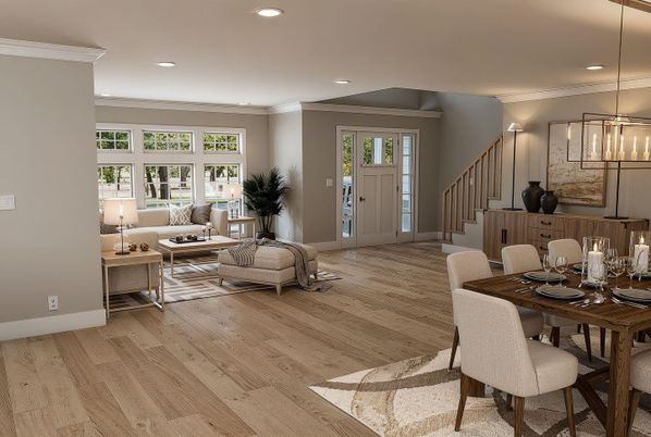 Dining room, Interior, Living room, Pendant Lights, Recessed Lighting, Wood Texture Flooring