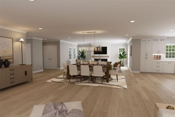 Dining room, Interior, Kitchen, Pendant Lights, Recessed Lighting, Wood Texture Flooring
