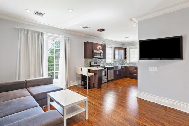 Interior, Kitchen, Living room, Recessed Lighting, Stainless Steel Appliances, Wood Texture Flooring