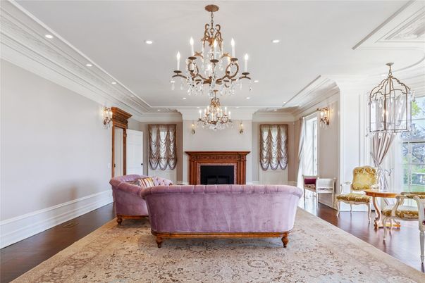 Chandelier, Fireplace, Interior, Living room, Recessed Lighting, Wood Texture Flooring