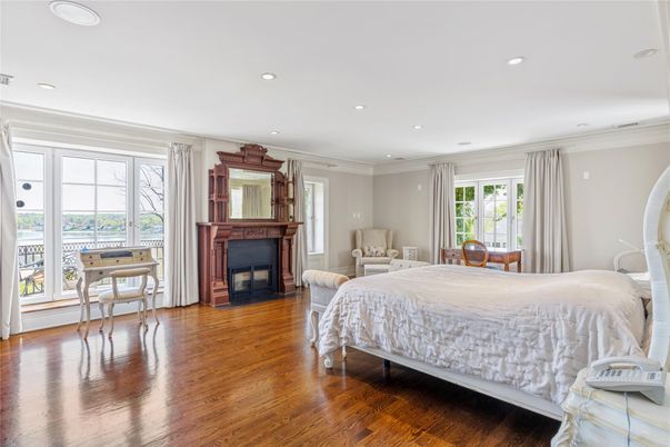 Bedroom, Fireplace, Interior, Recessed Lighting, Wood Texture Flooring