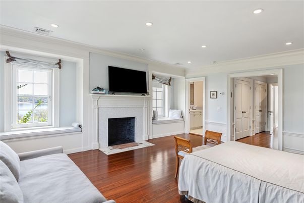 Bedroom, Fireplace, Interior, Recessed Lighting, Wood Texture Flooring