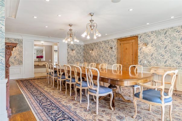 Chandelier, Dining room, Interior, Pendant Lights, Recessed Lighting, Wood Texture Flooring
