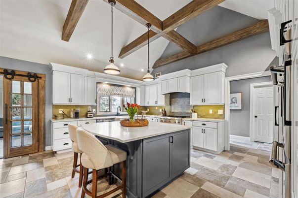 Interior, Kitchen, Pendant Lights, Stainless Steel Appliances, Wooden Beams