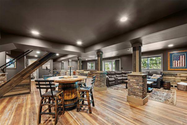 Dining room, Interior, Living room, Recessed Lighting, Wood Texture Flooring
