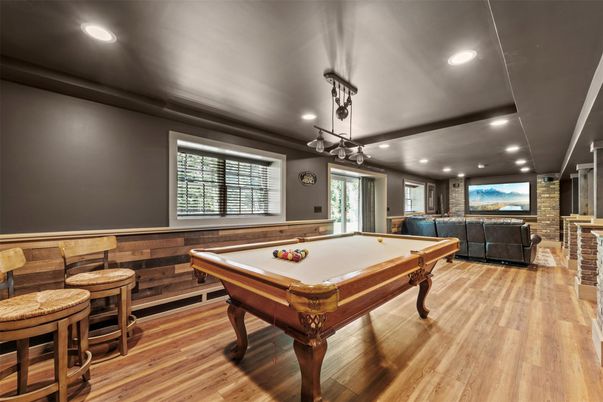 Billiard Table, Game Room, Interior, Pendant Lights, Recessed Lighting, Stone Walls, Wood Texture Flooring