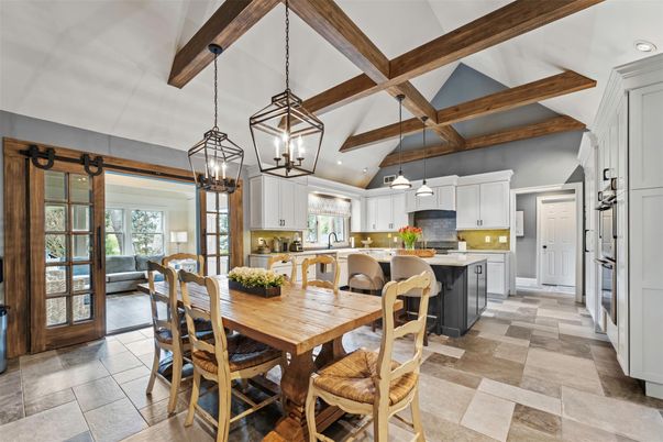 Dining room, Interior, Kitchen, Pendant Lights, Recessed Lighting, Stainless Steel Appliances, Wooden Beams