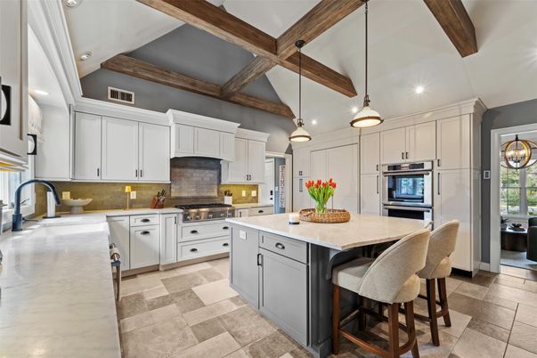 Chandelier, Interior, Kitchen, Pendant Lights, Recessed Lighting, Stainless Steel Appliances, Wooden Beams