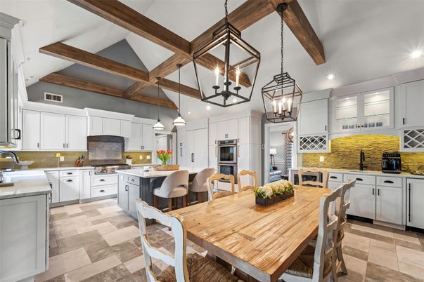 Dining room, Interior, Kitchen, Pendant Lights, Recessed Lighting, Stainless Steel Appliances, Wooden Beams