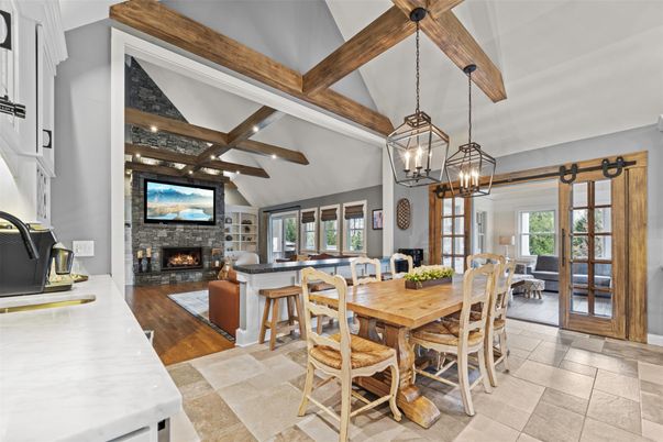 Dining room, Fireplace, Interior, Living room, Pendant Lights, Wooden Beams
