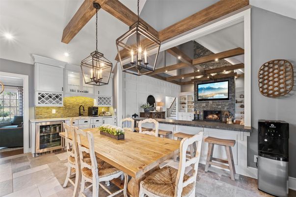 Dining room, Fireplace, Interior, Kitchen, Pendant Lights, Wooden Beams
