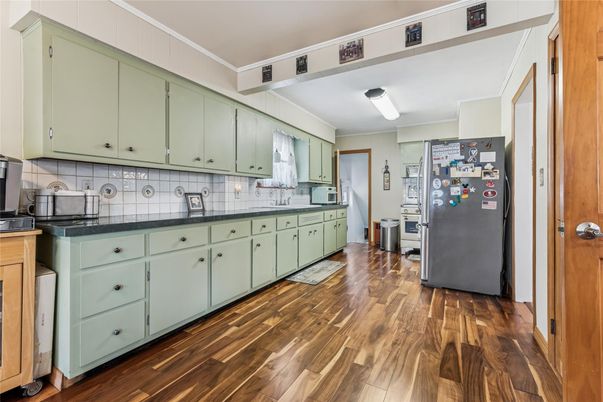Interior, Kitchen, Tile Countertops, Wood Texture Flooring