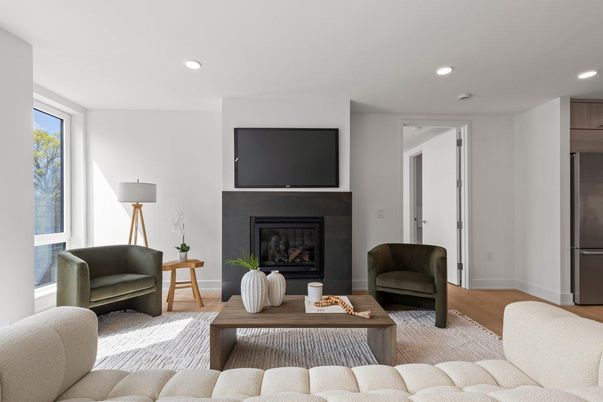 Fireplace, Interior, Living room, Recessed Lighting, Wood Texture Flooring