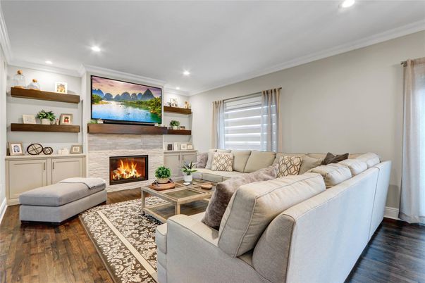 Fireplace, Interior, Living room, Recessed Lighting, Wood Texture Flooring