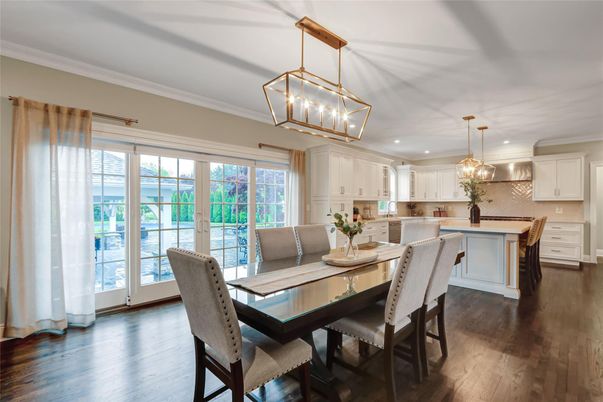 Dining room, Interior, Kitchen, Pendant Lights, Recessed Lighting, Wood Texture Flooring