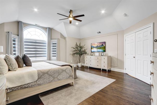 Bedroom, Interior, Recessed Lighting, Wood Texture Flooring