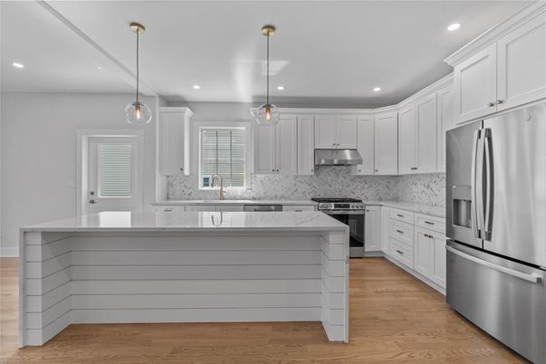 Interior, Kitchen, Pendant Lights, Recessed Lighting, Stainless Steel Appliances, Wood Texture Flooring