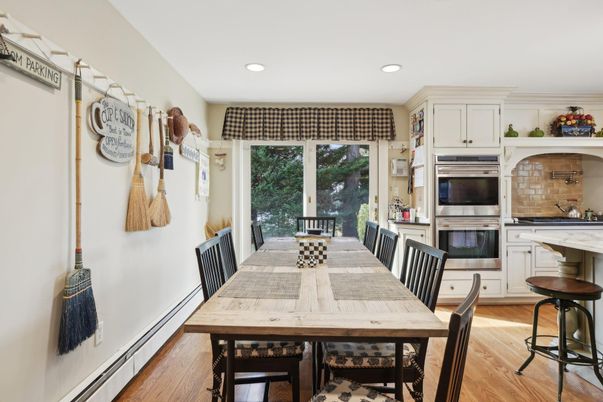 Dining room, Interior, Kitchen, Recessed Lighting, Stainless Steel Appliances, Wood Texture Flooring