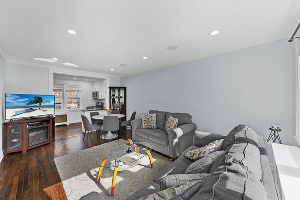 Dining room, Interior, Living room, Recessed Lighting, Wood Texture Flooring