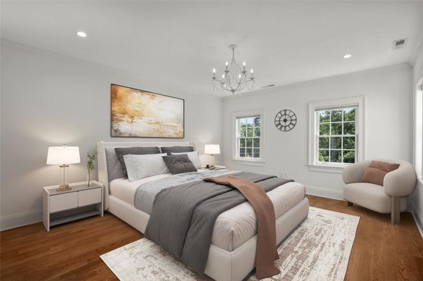 Bedroom, Chandelier, Interior, Recessed Lighting, Wood Texture Flooring
