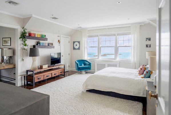 Bedroom, Interior, Recessed Lighting, Water, Wood Texture Flooring