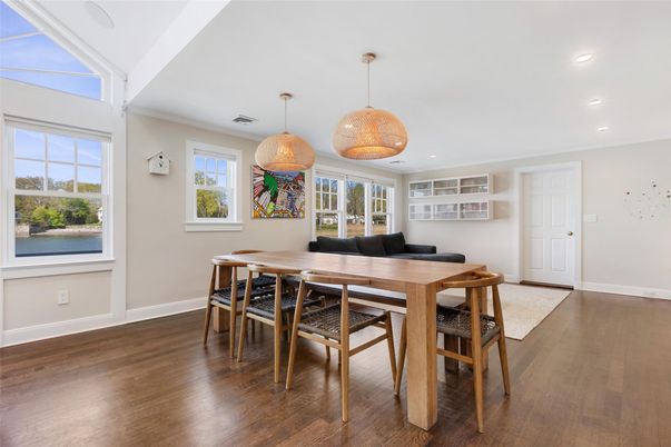 Dining room, Interior, Pendant Lights, Recessed Lighting, Wood Texture Flooring