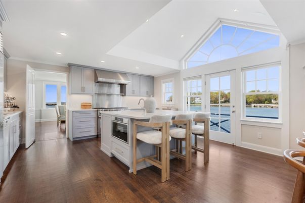 Interior, Kitchen, Recessed Lighting, Stainless Steel Appliances, Water, Wood Texture Flooring