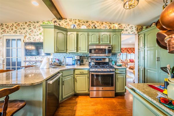 Interior, Kitchen, Recessed Lighting, Stainless Steel Appliances, Wooden Beams, Wood Texture Flooring